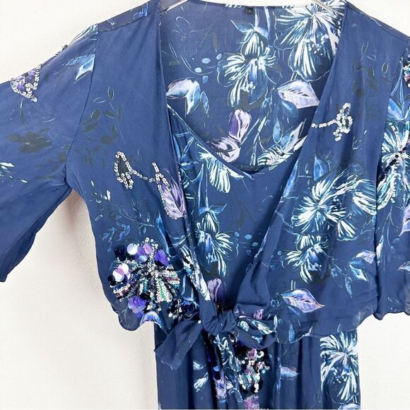 Kobi Halperin Navy Floral Silk Midi Sequin Cocktail Shawl Dress Small - Picture 6 of 10
